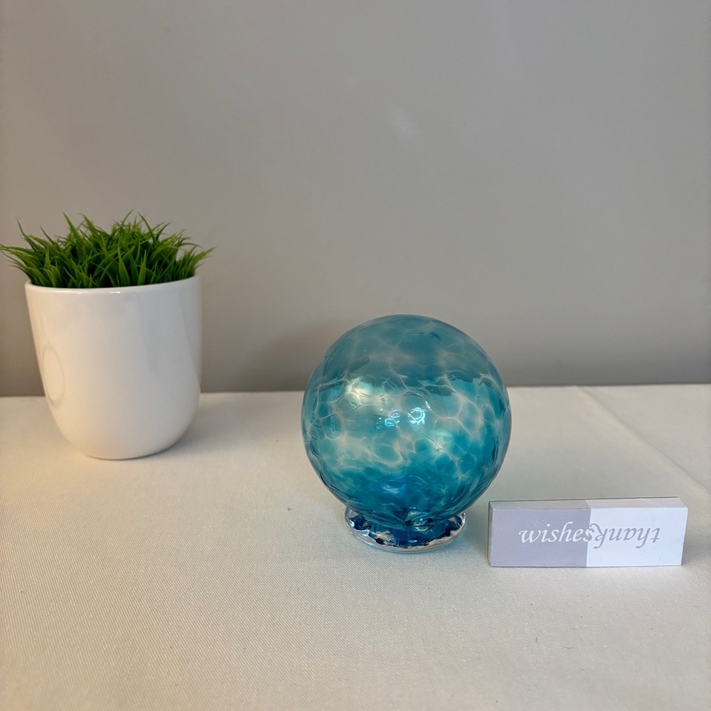 Wishing Ball Gratitude Globe With Note Pads Handblown Glass Crackle Teal Blue - Picture 2 of 6